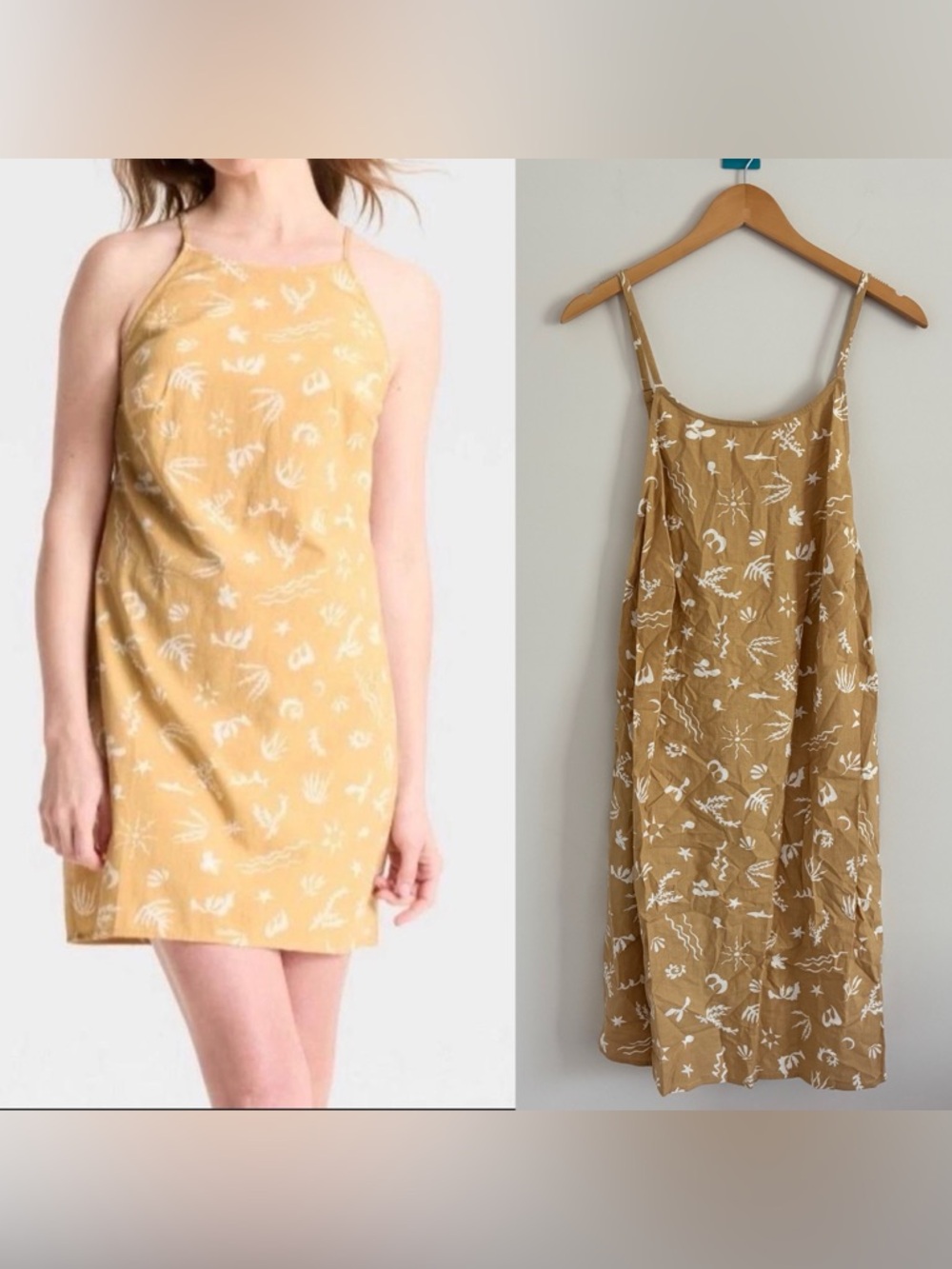 A New Day Leaf Print Halter mini dress with tie back detail Tan NEW